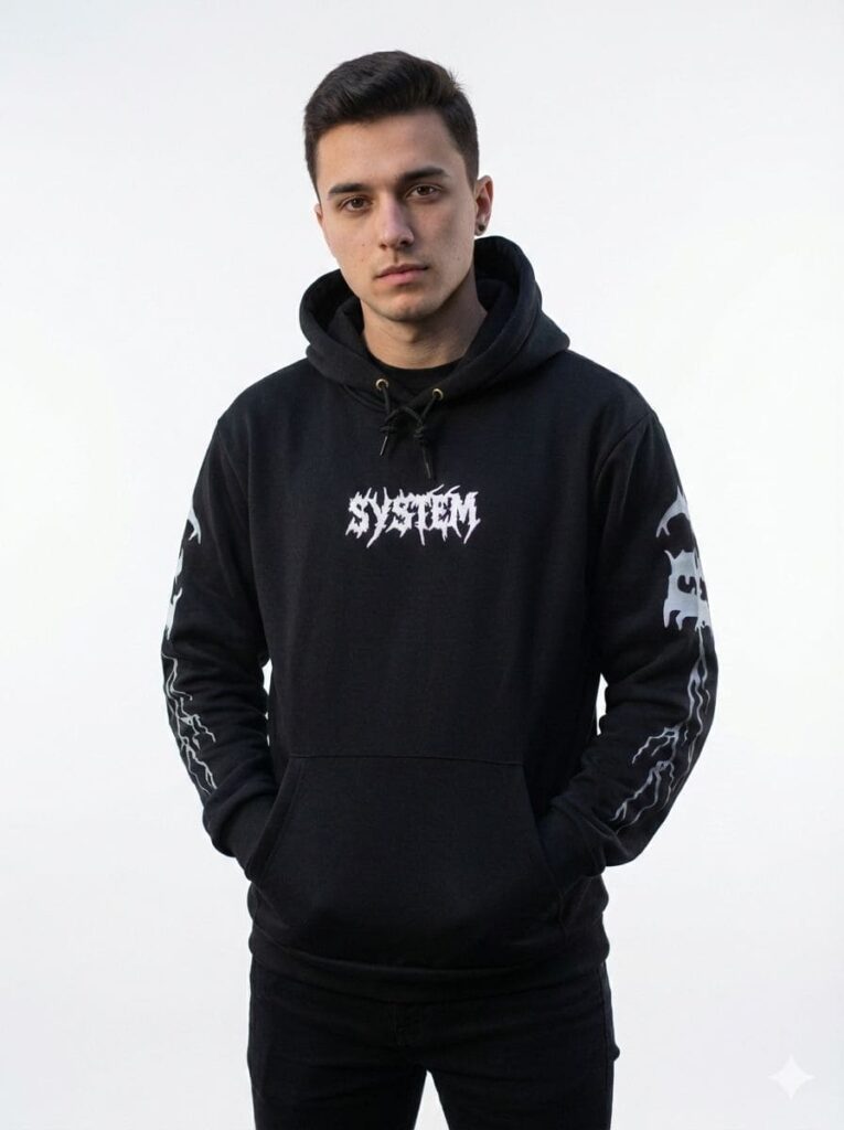 Hoodie Night Volt, vista frontal con estampado SYSTEM